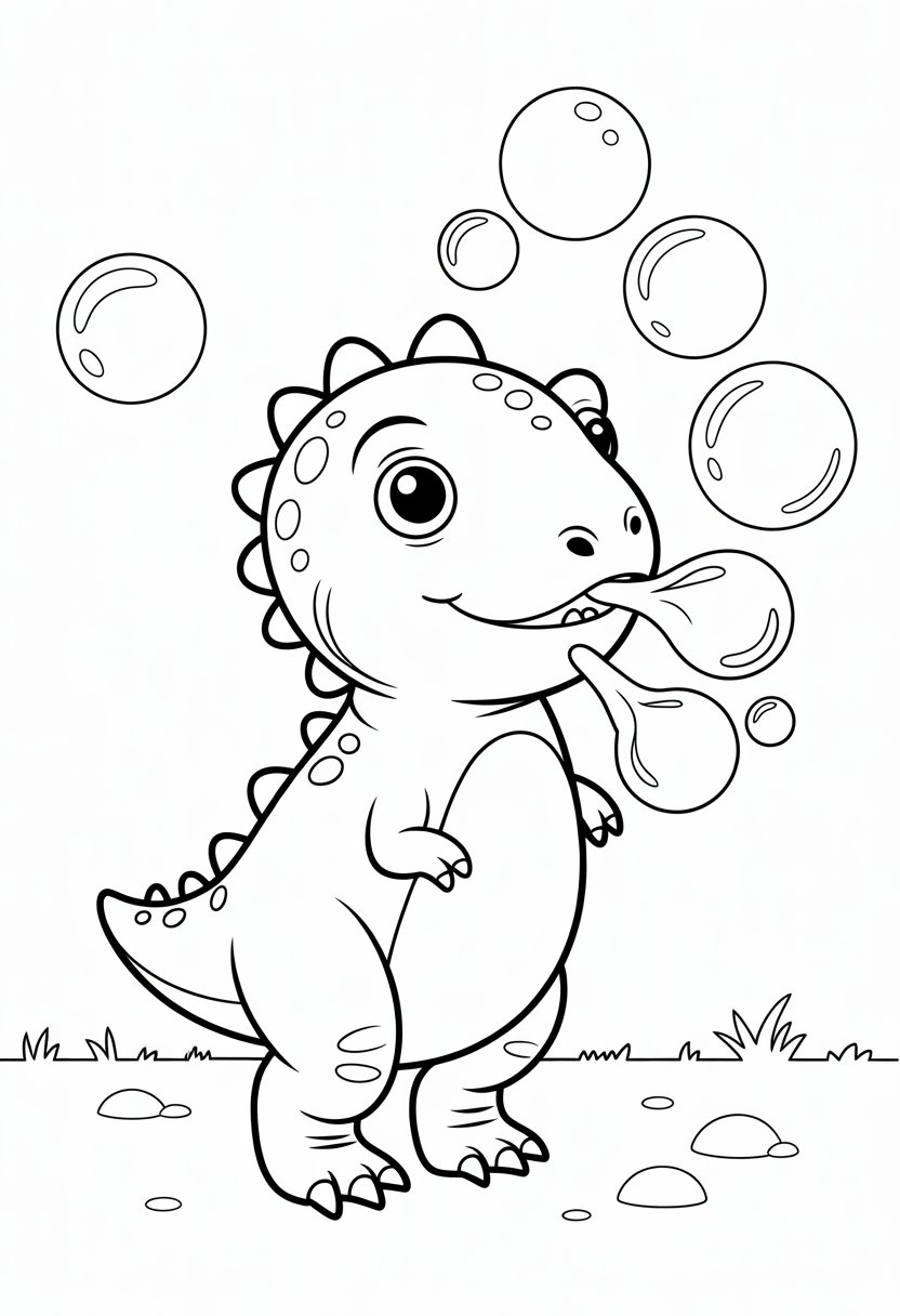 Cute Dinosaur Coloring Pages for Kids: 20 Fun and Easy Designs 38 A small dinosaur standing and blowing bubbles that float upward.